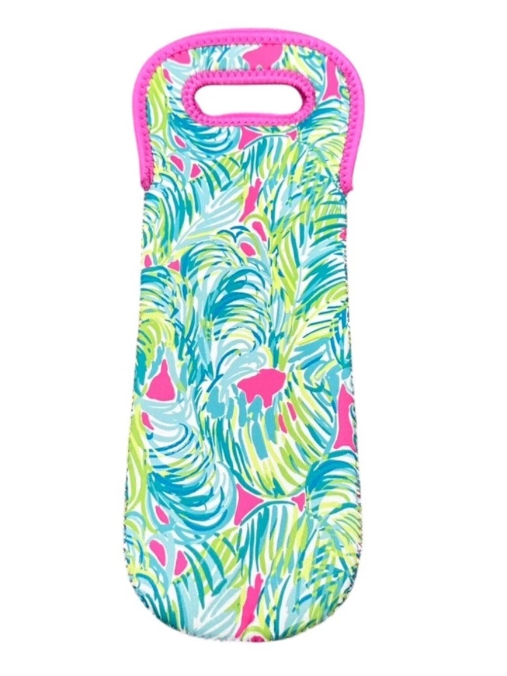 Lilly Pulitzer Neoprene Wine Carrier Sleeve Tropical Palm Leaf Print Pink Green